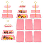 10 Pack Dessert Table Display Set - 4 x Three-Tier Square Cupcake Stands and 6 x Serving Trays, Elegant Tableware for Cakes, Cupcakes, Pastries, and Snacks, Perfect for Parties (Pink) - color: Pink