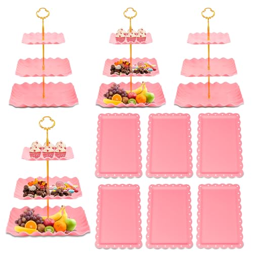 10 Pack Dessert Table Display Set - 4 x Three-Tier Square Cupcake Stands and 6 x Serving Trays, Elegant Tableware for Cakes, Cupcakes, Pastries, and Snacks, Perfect for Parties (Pink) - color: Pink