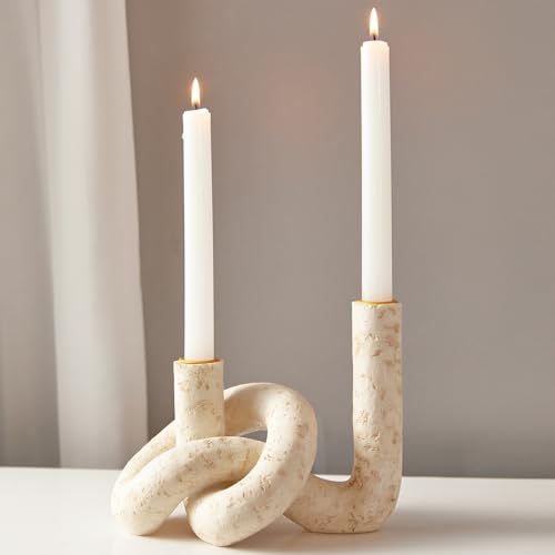 DN DECONATION Knot Shaped Taper Candle Holders - Travertine Resin Candlestick Holders, Candle Sticks Holder Boho Farmhouse Decor Coffee Table Centerpiece for Living Room Fireplace Wedding - color: Beige