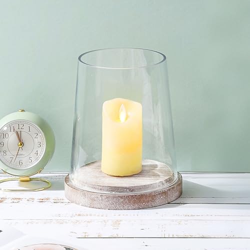 6" Wide Glass Hurricane Candle Holders with Handmade Sturdy Glass Sleeves and Distressed Brown Wood Base for Pillar Candle & Plants, Industrial, Farmhouse, Display Cloche Bell Jars, Table Centerpiece - color: Rustic Brown, size: 6"x7.5"