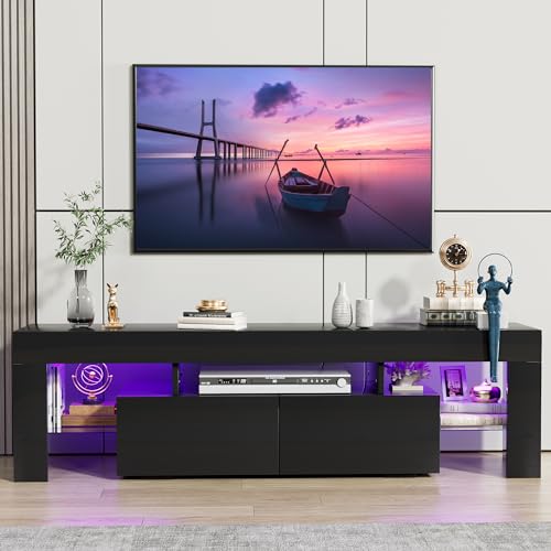 JUMMICO TV Stand, Modern Lighting TV Cabinet Entertainment Center Media and Open Shelf, TV Console Table with 1 Drawer and Remote Control, 20 Color LED Lights up to 70 Inch TV (Black) - color: Black, size: 60 Inches