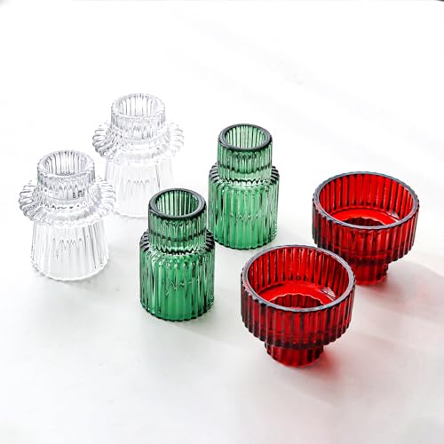 Christmas Class Candlestick Holders 6PCS Red Green Ribbed Taper Candlestick Holders for Tealight Candles Christmas Table Centerpieces Indoor Decoration - color: Christmas