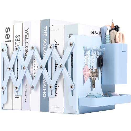 Adjustable Bookends, 19" Metal Book Ends for Heavy Books, 2 Dividers Bookends with Removable Pen Holder, Tray, and 3 Hook-up, Book Organizer for Office, School, Bookstore, Home - color: Blue