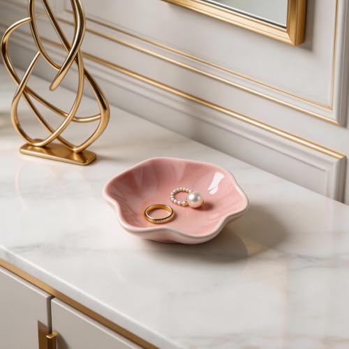 Ceramic Trinket Dish for Jewelry, Lotus Leaf Shape Small Ring Dish Tray, Jewelry Dish Organizer for Necklace Earrings, Home Decor Gift for Mom Best Friend Sister (Pink) - color: Pink