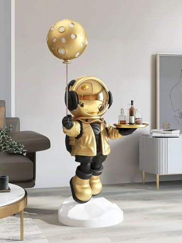 Large Astronaut Statue, Astronaut Sculpture, Astronaut Decoration, Cool Metal mask Decor, Floor Sculpture, Suitable for Living Room, Bedroom, Stores, etc., Tray can be Used for Storage - color: Glossy Gold