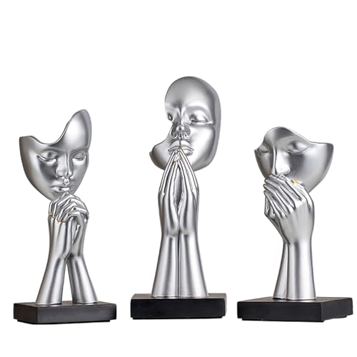 3-Piece Set of Thinker Statues, Gold and Silver Black Abstract Art Meditation Prayer Sculptures, Modern Home or Office Decoration Art Gifts - color: Silver