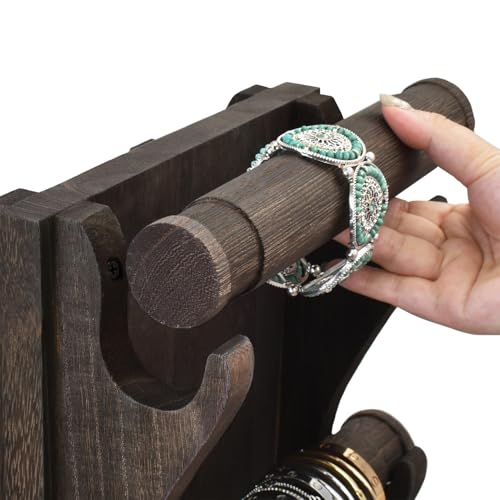 Ikee Design Two-Sided Rotating Wooden Jewelry Bracelet Display Stand-6 Removable Holders, 3 Tier Bar Bangle Organizer-Perfect for Bracelets and Jewelry Display, Dark Brown Color - color: 2) Dark Brown, 6 Bars