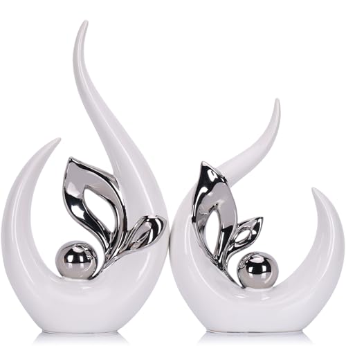 13" H White Silver Abstract Sculptures Home Decor, Ceramic Art Statue Cool Stuff to Put on Shelves&tv Stand Decor, Silver Accent Entertainment Center, for Fireplace Coffee Table Dining Table Decorate - color: White Silver, size: 13.0in/H