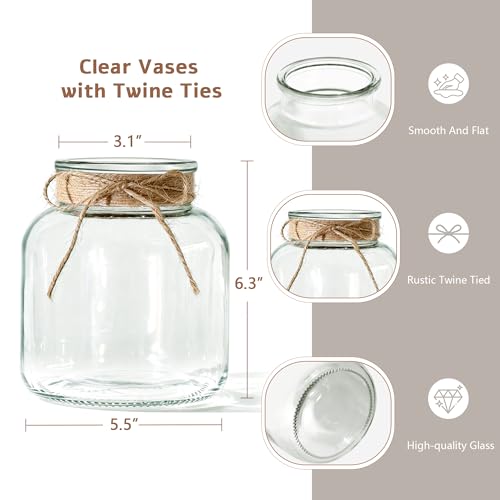 Houmury Glass Vases for Centerpieces 6 Inch Clear Large Vase Farmhouse Utensils Holder with Twine Ties Home Decor for Wedding Living Room Kitchen Dining Table Office (1)