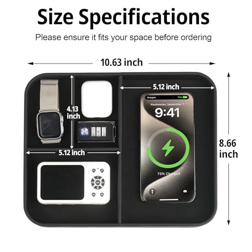 VOVIPO Birthday Gifts Bedside Organiser-Faux Leather Valet Tray With Wireless Charger For Phone And Earbuds,Nightstand Organizer,Mens Jewelry Box,Office Desk Organizers - color: Black