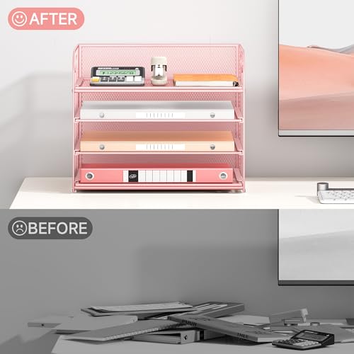 4-Tier Paper Organizer for Desk With Handle, Mesh Desktop File Tray, Office Classroom Organization and Storage - Pink - color: 4 Tier - Pink