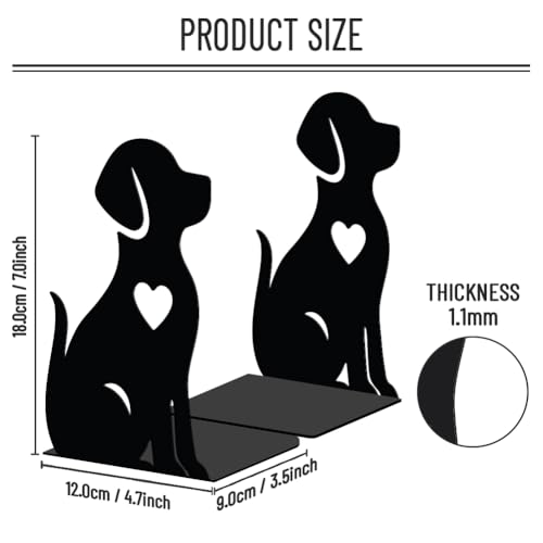 WADORN Dog Metal Bookends for Shelves Decorative 1 Pair, Puppy Heavy Duty Books End Support Non-Skid Book Holder Animal Black L-Shaped Book Stopper for Home Office Desk Books Divider, 4.7x3.5x7 Inch - color: Dog Heart