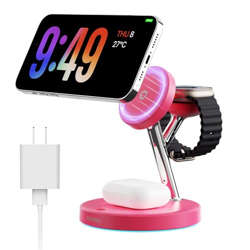 New 3 in 1 Charging Station for Apple Compatible with Magsafe Charger Stand for iPhone 17 16 15 14 13 12 Wireless Charging Station for AirPods Wireless Charger for iWatch Series - color: Rose Red