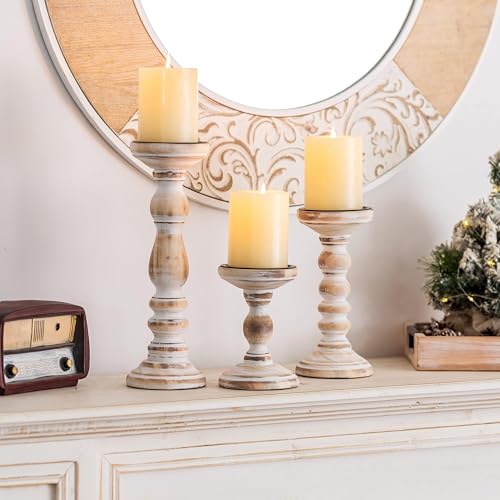 Wooden Pillar Candle Holder: Rustic White Candle Stand Wood Distressed Candleholders Farmhouse Fall Decor for Christmas Fireplace Mantle Dining Table Living Room Shelf Set of 3 - color: Rustic White, size: 5.9", 8.26", 11.81"