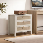 SICOTAS White Night Stand with Drawers - Large Rattan Bedside Table with Golden Handle, 3 Drawers Nightstand Tall End Table Side Table Boho Nightstand for Bedroom - color: White Cream Oak