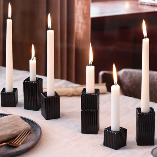 LETINE 12pcs Black Vertical Stripe Glass Candlestick Holders - Chic Taper Candle Sticks Holder Set for Elegant Dining & Home Decor - Ideal Candle Holders for Wall,Living Room,Bedroom, Kitchen Decor - color: Black