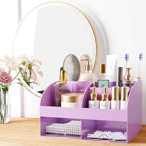 Makeup Organizer with Drawers, Cosmetic Storage for Dresser Vanity and Bathroom Countertop, Beauty Holder for Lipstick Brush, Skincare Organizer for Vanity, Cosmetic Display Case (Purple) - color: Purple
