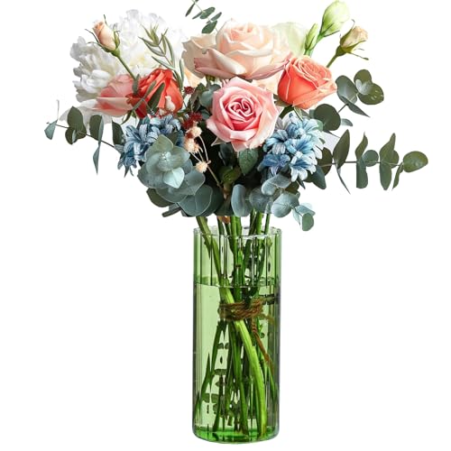 ComSaf Glass Cylinder Vases, Bud Vase for Centerpieces, 8 Inch Tall Ribbed Vase Hurricane Floating Candle Holder, Decorative Flower Vases for Wedding Reception, Home Decor, Housewarming Gift (Green) - color: Green