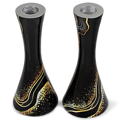 Zion Judaica Marble Decal Candle Holder Set of 2 - Black & Gold Marbleized Candlesticks 6.75" Hourglass Shape Fits 7/8" Thick Tapered/Shabbat Candles Bat Mitzvah Gift for Jewish Wedding (Black Burst) - color: Black Burst