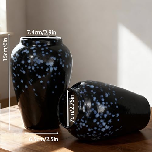6” Tall Ceramic Vase for Home Decor, Heavyweight Speckled Ceramic Flower Vase for Farmhouse Centerpieces, Modern Table Mantel Shelf Decor, Perfect for Fresh or Artificial Flowers (Black) - color: Black