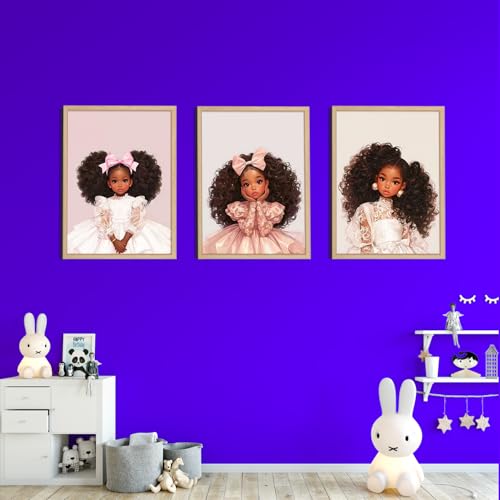 Black Girl Wall Art Canvas Framed 3 Piece Set 24x16 Inch Pink Princess Wall Decor for Girls Room Nursery African American Art Prints Poster Picture Artwork - color: Black Girl-1, size: 24"x16"