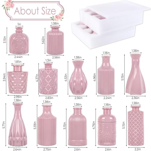 TBWIND Blush Pink Glass Bud Vase Set of 12 – Mini Vintage Vases for Flowers, Centerpieces, Wedding & Home Décor - color: Pink-12pcs
