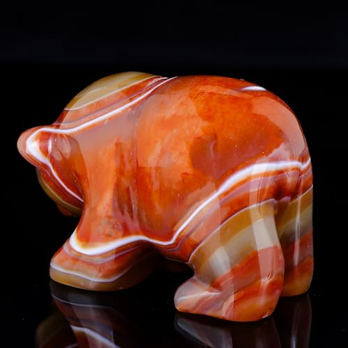 3" Red Banded Carnelian Crystal Bear Figurine Gifts for Hand Carved, Gemstone for Office Bear Statues Home Decor - color: Red Banded Carnelian Crystal