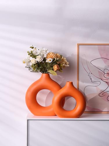 Modern Donut-Shaped Decorative Vases, Handmade Minimalist Boho ins Style, Modern Vase for Home Decor for Wedding Dinner Table Party Living Room Office Bedroom (Orange, Large + Small) - color: Orange, size: Large + Small
