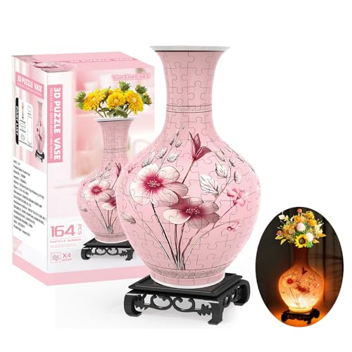 3D Puzzles Vase for Adults, Crafts for Adults, 164 Pieces Plastic DIY Unique Flower Vase with LED Light House Warming Gift Birthday Gifts for Flower Arrangements and Home Decor (Pink) - color: Pink 2