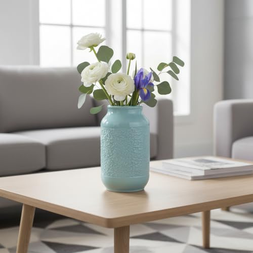 Blue Ceramic Vase for Home Decor - 9 Inch Textured Flower Vase for Table Centerpiece - Modern Decorative Pottery Vases for Flowers, Living Room, Shelf, Mantle Decor - color: Light Blue