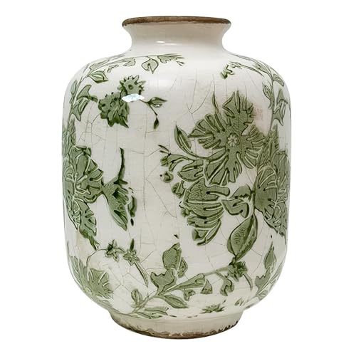 SYDDOL 5.5" Vintage Ceramic Vase, Rustic French Country Style with Crackle Glaze, Handcrafted Green Floral Pattern, Small Decorative Vase for Home, Table Centerpieces, Living Room, Shelf & Mantel