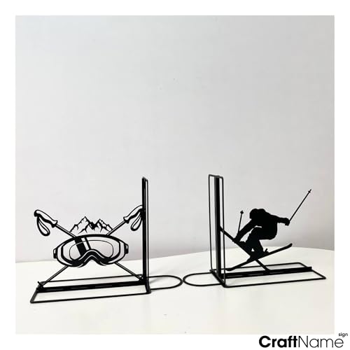 Craftnameisgn Custom Skiing Metal Bookends for Shelves Decorative, Skiing Book Ends Metal Art for Home Office, Book Stopper for Heavy Books, Snow Skiing Book Shelf Holder - color: Design 14