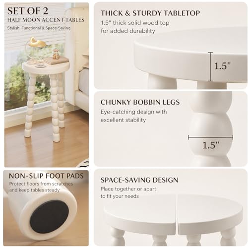 LitaEther Bobbin Side Table, Solid Wood Half Moon End Table, Small Wooden Accent Table with Chunky Turned Legs, Plant Stand for Living Room Bedroom Entryway, Modern Farmhouse Bedside Table, White - color: White
