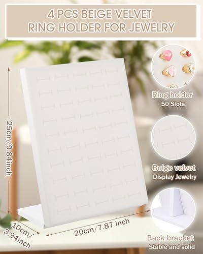 Henoyso 4 Pcs Velvet Ring Display 50 Slots L-Shaped Ring Display Stand Tray Holder for Selling Earring Jewelry - color: Beige