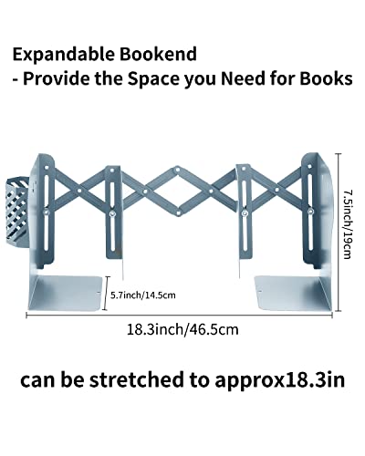 MSDADA Adjustable Bookends, Book Ends for Heavy Books, Expandable Book Organizer with Pen Holder for Desk, Shelf, Office, for 6 7 8 9-15 Boys and Girls, Extends up to 19 inches (Light Blue) - color: Light Blue