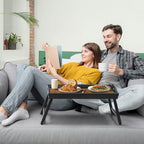 Tray Table for Bed, Bamboo Breakfast Serving Tray with Folding Legs and Handles, Laptop and Snack Bed Table with Cross Bar & Media Slot, Dark Brown with Black Legs, for Bedroom, Sofa, Kitchen - style: 1 pack（Dark brown with black legs）