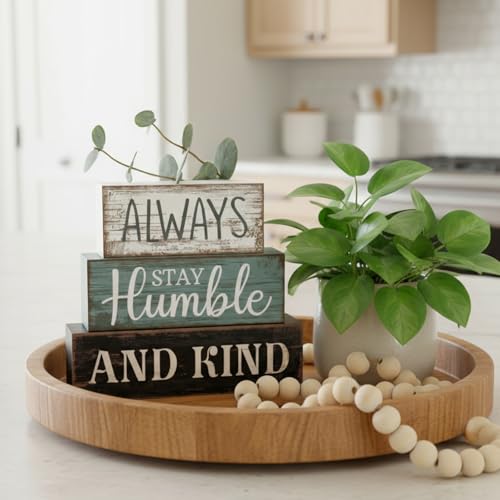 Lineshading 4 Pcs Inspirational Farmhouse Table Decor Always Stay Humble and Kind Stacked Wooden Block Signs with Inspirational Quote Eucalyptus Leaves for Home, Living Room, Shelf Housewarming Gift - style: Always Stay Humble and Kind