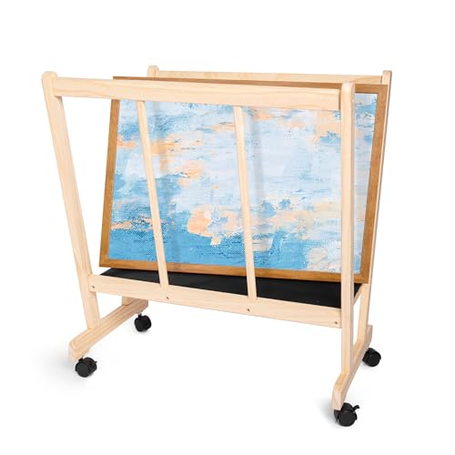 GENMOUS Wood Large Print Rack with Castors - Artist Display and Storage Rack,Natural Wooden Storage & Crafts Drying Racks for Canvas,Artwork,Prints,Panels,Posters,Art Shows & Galleries Display Stands - size: Wood-1Layer