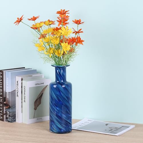 13" H Hand-Blown Glass vase, Modern Art Glass Cylindrical vase, Blue Glass Decorative vase, Ideal for Living Room Dining Table centerpieces, TV Console, Office, or Console Table Decor. - color: Blue