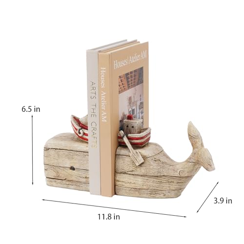 Guichifun Whale Decorative Bookends Book Holder - Distressed Finish Resin Cute Bookend Set with Sailboat Nautical Book Shelf Decor for Living Room Office Home Decoration Gift 11.8 X 3.9 X 6.5 inch - color: Wood