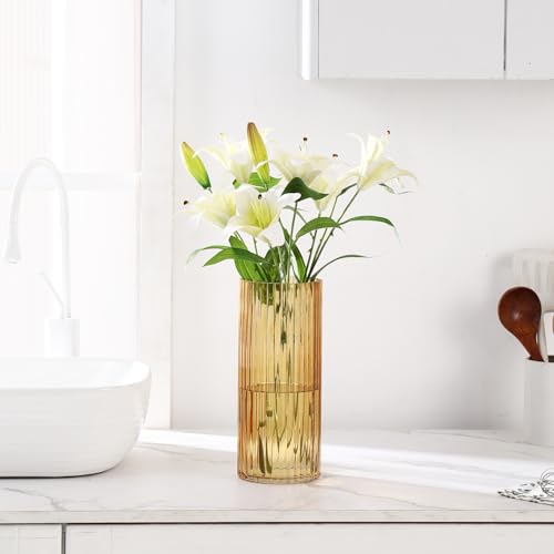 Amber Glass Vase for Flowers, Ribbed Glass Vases, Tall Glass Vases for Tulips, Modern Glass Vase for Living Room, Dining Table, Office, Wedding, Bookshelf, 12 Inches - color: Amber, size: 12''