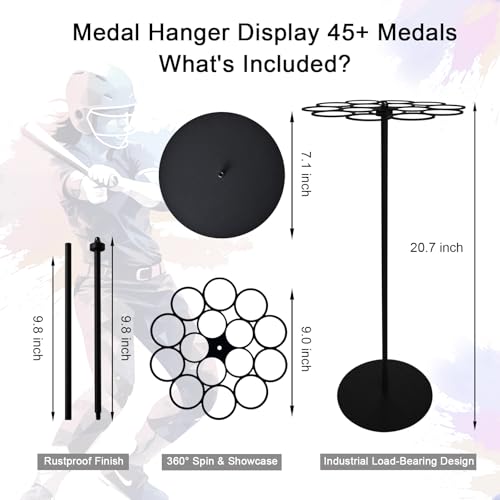 Medal Hanger Display Rotating | Wall-Safe Tabletop Running Medal Stand Holds 45+ Race Medals | Heavy-Duty Metal Base with Quick Assembly Rack | Perfect for Marathon & Sports Awards Display - color: Black