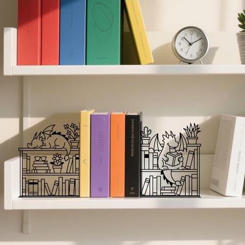 Metal Decorative Bookend Unique Dragon Bookends Decorative Cute Book Ends for Shelves Bookshelf Home Office Desk Bookshelf Decor Gift for Reading Enthusiasts - style: Dragon Decorative Bookends