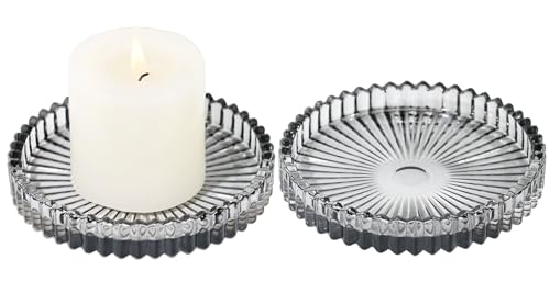 Vixdonos 3.8 Inch Glass Pillar Candle Holder Set Pack 2 Gear Round Plate Serrated Candle Stand for Table Centerpieces,Party, Wedding and Home Decor - color: Gray