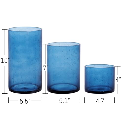 Large Hurricane Candle Holder Set of 3 Blue Candle Holders for Pillar Candles, Seeded Bubbles Glass Candle Holder, Blue Glass Cylinder Vases for Table Centerpieces, Home, Patio and Wedding 10"7"4"H - color: Blue, size: Large