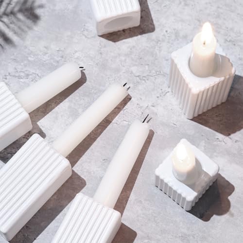 LETINE 12pcs White Vertical Stripe Glass Candlestick Holders - Chic Taper Candle Sticks Holder Set for Elegant Dining & Home Decor - Ideal for Wedding Centerpieces, Parties, and Celebrations - color: White