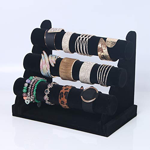 Coward 3 Tier Bracelet Organizer Display Holder, Beige Velvet Stand Rack for Hairband Watch Scrunchie Organizer (Black Velvet) - color: Black