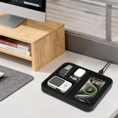 VOVIPO Birthday Gifts Bedside Organiser-Faux Leather Valet Tray With Wireless Charger For Phone And Earbuds,Nightstand Organizer,Mens Jewelry Box,Office Desk Organizers - color: Black