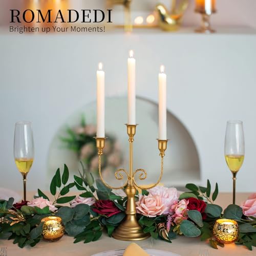 Romadedi Candelabra Gold Candle Holders - 3 Arm 11.8" Wedding Candlestick Holder for Theme Party Table Centerpiece Decor Dining Room Birthday Holiday Christmas, Set of 6 - color: Gold-3 Arm, size: 6pcs
