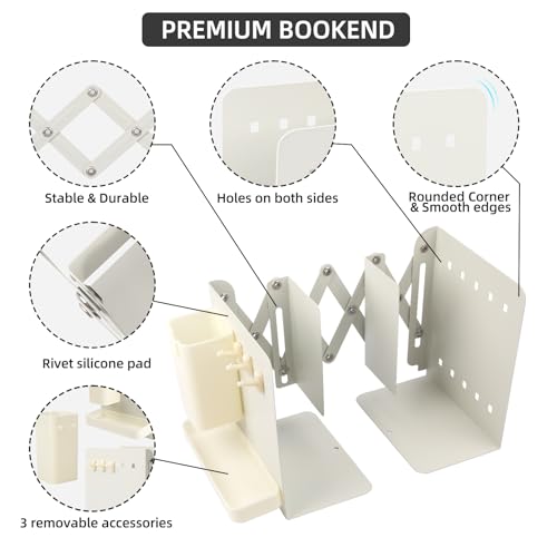 Adjustable Bookends, 19" Metal Book Ends for Heavy Books, 2 Dividers Bookends with Removable Pen Holder, Tray, and 3 Hook-up, Book Organizer for Office, School, Bookstore, Home - color: White